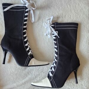 Ellie Two-Tone Black and White Heeled Boots. 3 " Heel. Boot Shaft 10" Approx.
